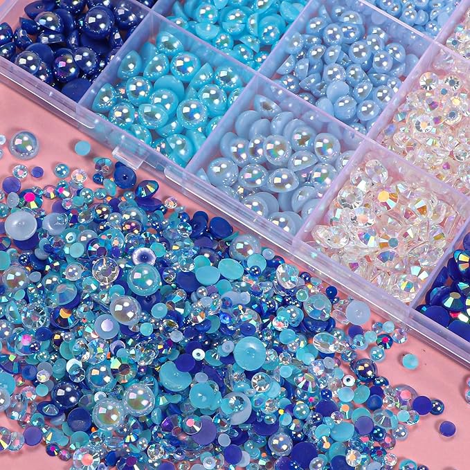 22000 Pcs Blue Flatback Pearls and Rhinestones Bedazzling Kit, Resin Rhinestones Gems for Crafting, Mixed Size Half Pearls Gems for Nails Face Eyes Makeup Bottles Shoes DIY Crafts
