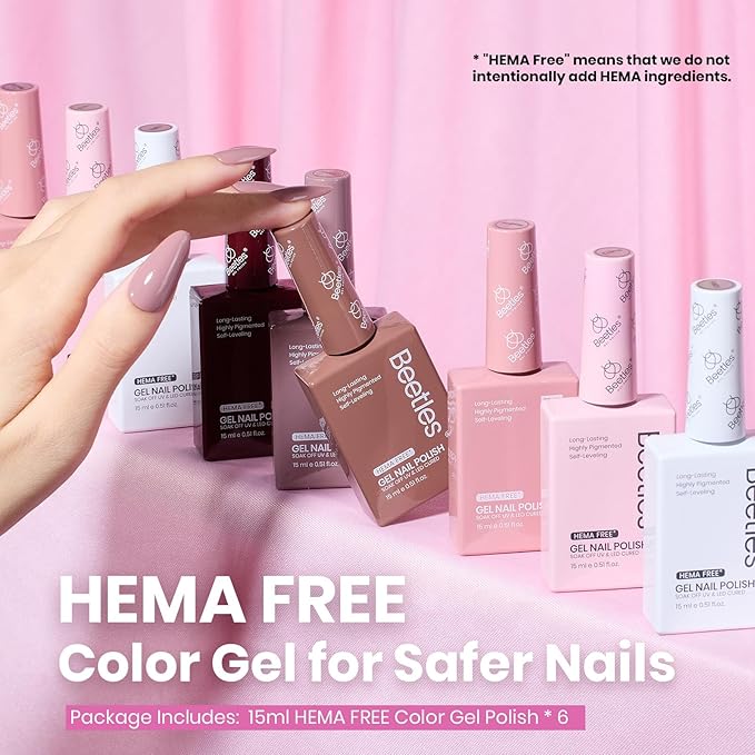 Beetles Neutral Gel Nail Polish Set – 6 Colors Hema Free Nude Pink Brown Gel Polish Kit, Same Color Bottle Gel Soak Off UV LED Nail Gel for Spring Manicure at Home or Salon