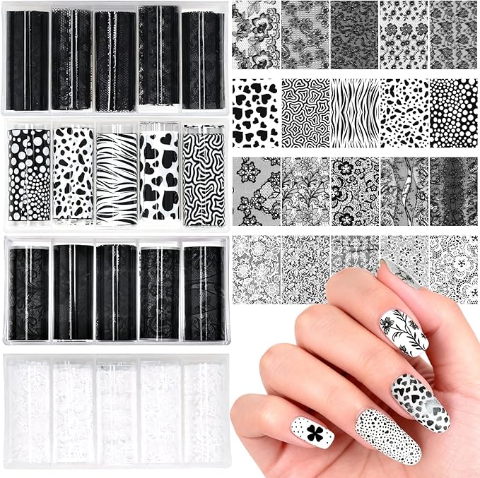 20 Rolls Lace Nail Foil, 4 Boxes Black and White Nail Art Foil Decals Sheet, Holographic Transfer Foils Stickers Paper Nails Supply for Women Girls Acrylic Manicure Wraps Decoration