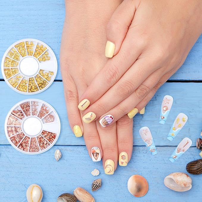 2 Disc Ocean Nail Art Charms, 3D Alloy Nail Art Decals, Beach Starfish Seashell Handmade Supplies for Women DIY Craft Jewelry Manicure Embellishments- Gold & Rose Gold