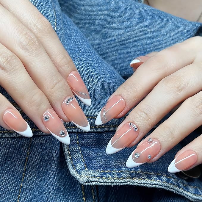 Press On Nails Medium Almond Pink-Nude with White French Tip & Silver Glitter| Reusable Soft Gel Nails in 12 Sizes-24 Nail & Kit with Glue|Designed in L.A,Hand Painted in Vietnam|Elegant Glint