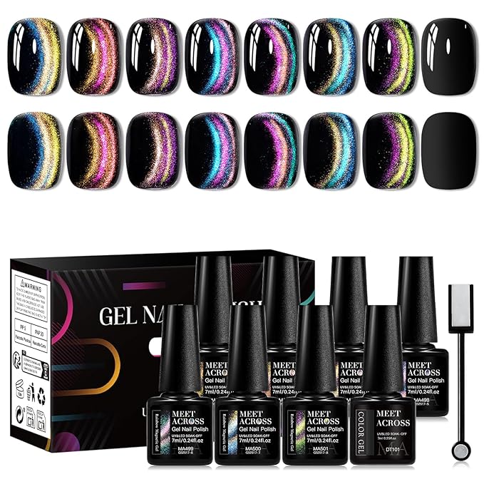 Rainbow Magnetic Gel Nail Polish - Super Bright Cat Eye Nail Art Dopamine Series 7 Color Set with Pure Black Gel and Magnet, Fashion Salon Cat Eye Art Design, Shiny Glossy Brilliant Women's Nail Tool