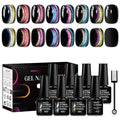 Rainbow Magnetic Gel Nail Polish - Super Bright Cat Eye Nail Art Dopamine Series 7 Color Set with Pure Black Gel and Magnet, Fashion Salon Cat Eye Art Design, Shiny Glossy Brilliant Women's Nail Tool