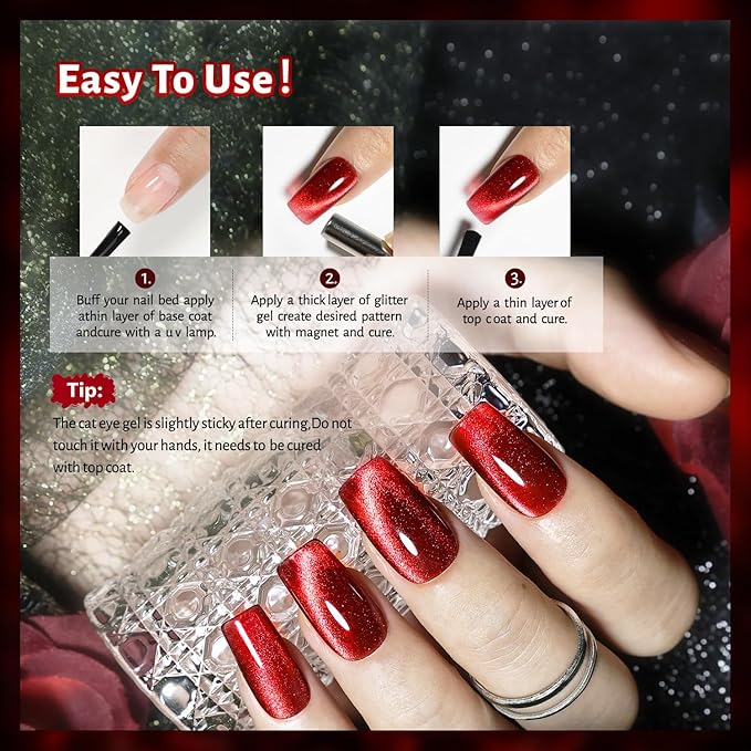 JODSONE 16.5ml Red Cat Eye Gel Nail Polish Soak Off LED Gel Polish for Nail Art Manicure DIY Salon at Home