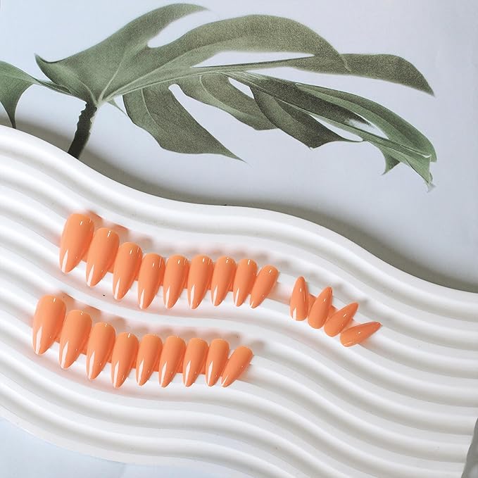 Orange Press on Nails Almond Shaped Medium Length Neutral Acrylic Reusable Fake Nails for Women Girls, Glue on Stiletto False Soft Gel Artificial Nails