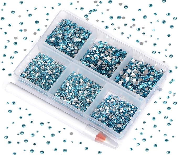 Bymitel 7200 Pieces 6 Mixed Sizes Glue Fix on Glass Rhinestones Round Crystal Gems Flatback for DIY Jewelry Making with one Picking Pen(6-Sizes 7200PCS, Aquamarine)