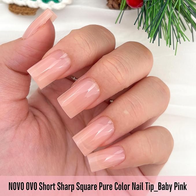 NOVO OVO Short Sharp Square Nail Tips Press on Pure Color BABY PINK, Need Builder Gel Top Coat Nail Glue, Soft Gel Matte Fake Nail Extension, Full Cover False Nails for Salon DIY x 15 Sizes 240 pcs