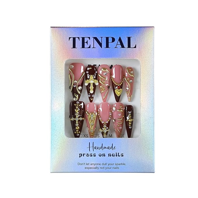Handmade Press on Nails Long Stiletto - Wine Red French with 3D Cross & Wave Charms | Reusable & Enamel Glossy False Nails | Gothic Classical Style(L)