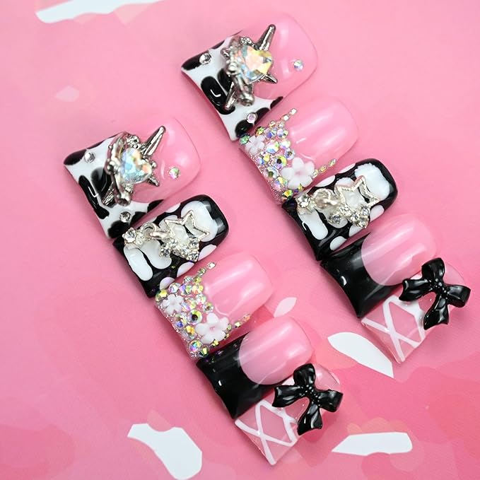 10 Pieces Luxury Acrylic Press On Nails Short Handmade Duck Nails, Black Thickened False French Nails, With 3D Bowknot And Stars, Reusable Fake Nails, Acrylic Nails (M)
