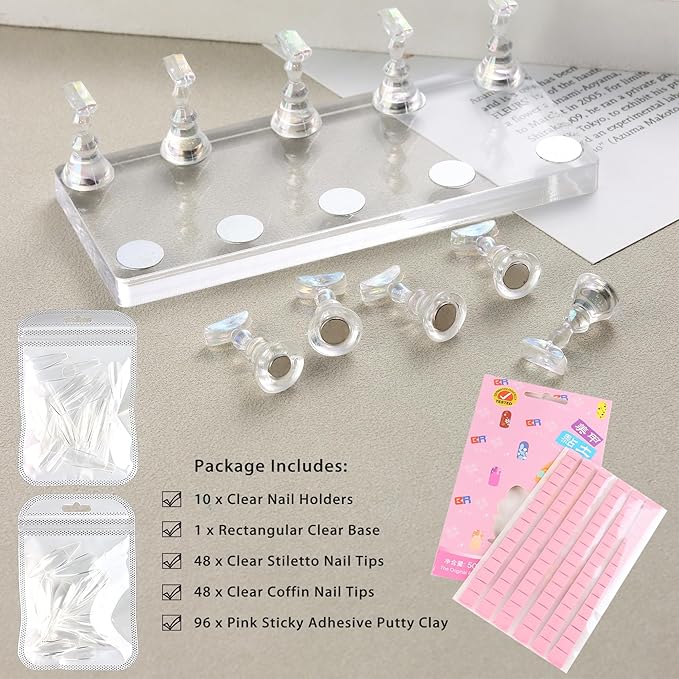 Stand for Press Ons Display Practice Art Magnetic Fake Nails Holder With 96pcs Stiletto Square Full Cover Tips, Reusable Putty for Home DIY Beginner Salon Kit Supplies