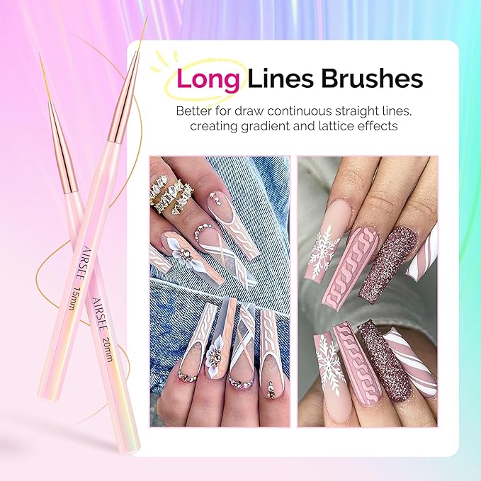 AIRSEE 6Pcs Nail Art Liner Brushes Set, Liner Brush For Nails Gel, Thin Line, Detail Painting, Art Design Pen For Long Lines, Fine Drawing Sizes 7/9/11/13/15/20mm, Pink