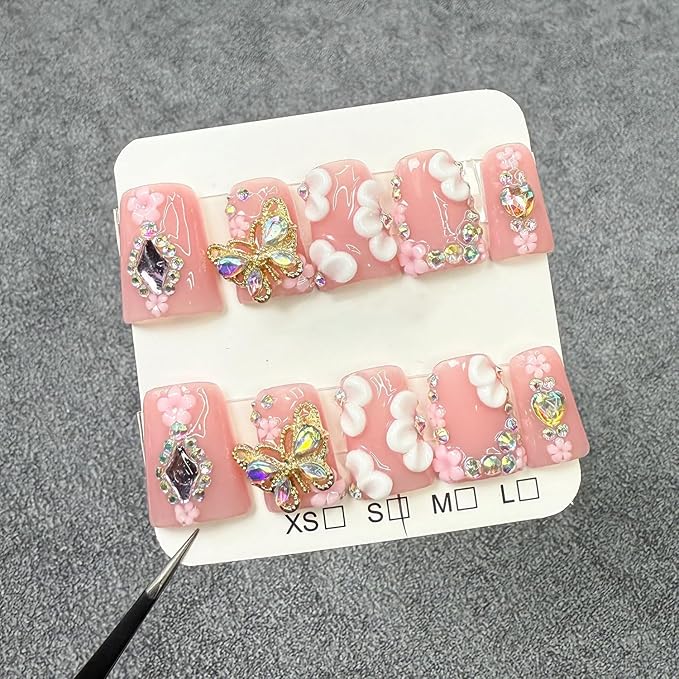 10 Pcs Handmade Press on Nails Duck Medium False Nails with Glue,3D Butterfly Luxury Heart Rhinestone Pattern Design Fake Nails Full Cover Artificial Acrylic Nude Pink Glue on Nail for Women（Size S）