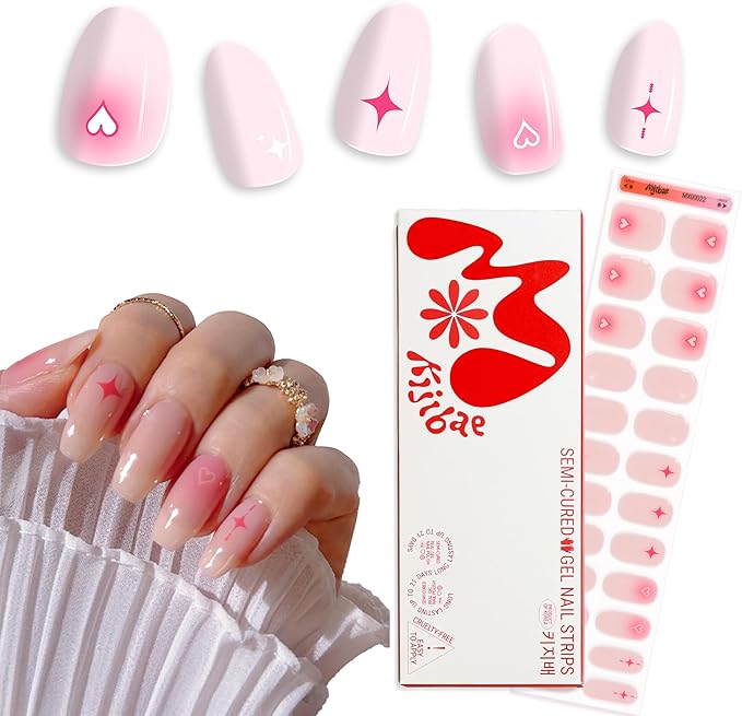 Semi Cured Gel Polish Strips | 24pc UV LED Required Wraps | Gift Peel and Stick Nails | Coquette DIY Home Manicure | Press On Alternative (Lover Girl)