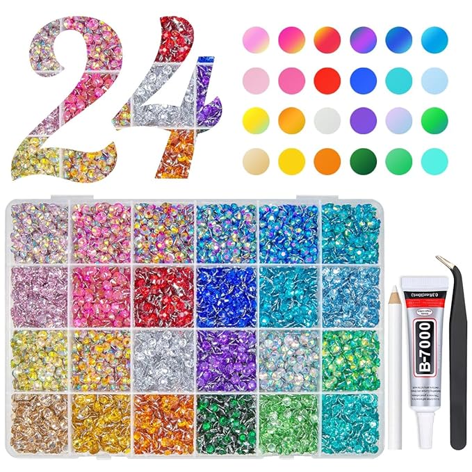 6600Pcs 24 Color 5mm Crystal AB Resin Rhinestones w B7000 Glue for Bedazzling Crafting Colorful Flatback Stones Crystals Gems Diamonds Charms for Nails Eyes Face Makeup Tumblers Bottles Crafts