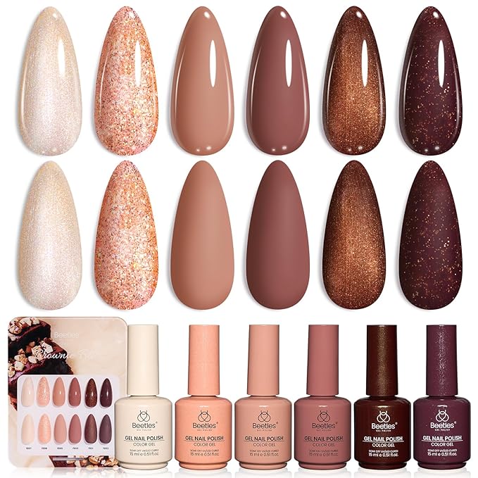 Beetles Brown Gel Polish Set, 6 Colors Light Dark Brown Color Gel Nail Polish Pearl Shimmering Soak off UV Led Lamp Needed Manicure DIY Salon Home Gifts for Women Brownie Bliss