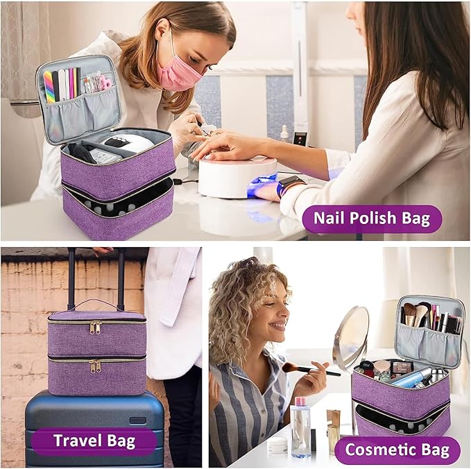 Meichoon Essentials Nail Polish Carrying Organizer 2 Layers Storage Holder Case with Adjustable Bottle Compartment 30 Bottles of Gel lamp and Manicure Tools Large Makeup Bag Travel Purple