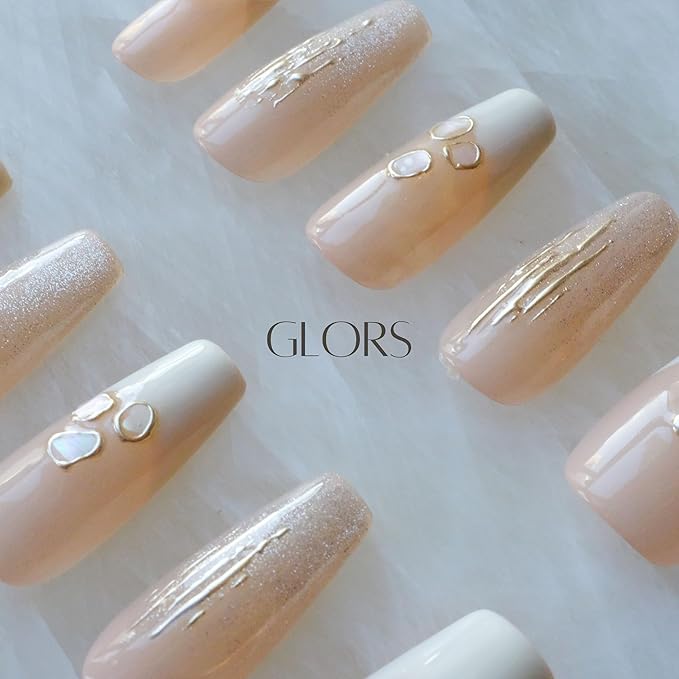Handmade Press On Nails, Long Ballerina Shape, Pink and White Shell Design, 10 Pieces (Medium,LB)
