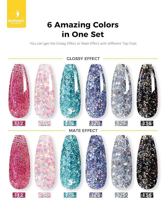 BURANO Poly Extension Gel Nail Kit, 6 Colors Nail Poly Nails Builder Gel Set for Beginner & Professional Using, DIY Starter Kit Nail Art Gift (glitter)