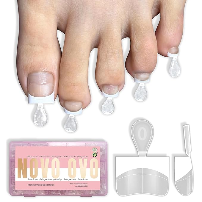 NOVO OVO White French Tip Half Cover Toe Nail Tips, Clear Soft Gel with Auxiliary Line for Fake False Toenail Extension, Sharp Square Medium Wide for Men Women Acrylic pedicure x15 Sizes 240 Pcs
