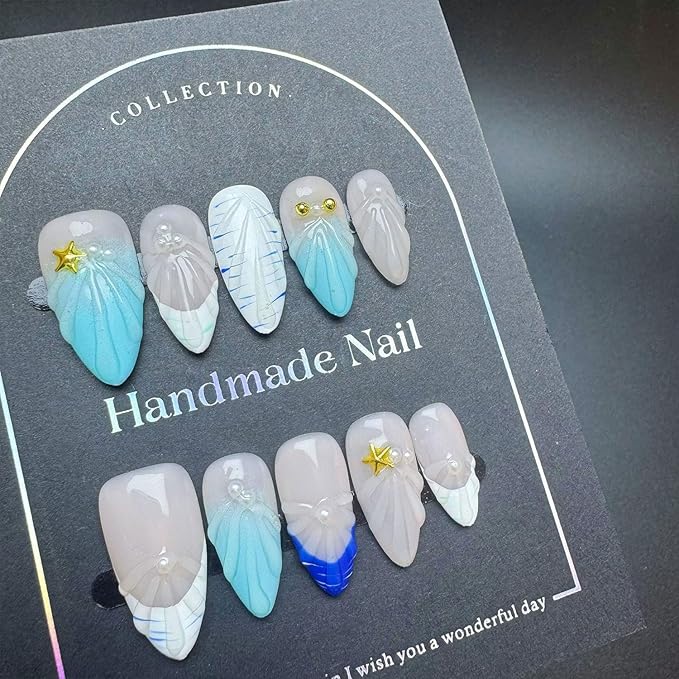 Medium Almond Press on Nails Handmade Nails with Glue,Handmade False Nails Ocean Nail Press ons with Shell Design Muti-Layer Gel Nail French Tip False Nails for Women (Size S)