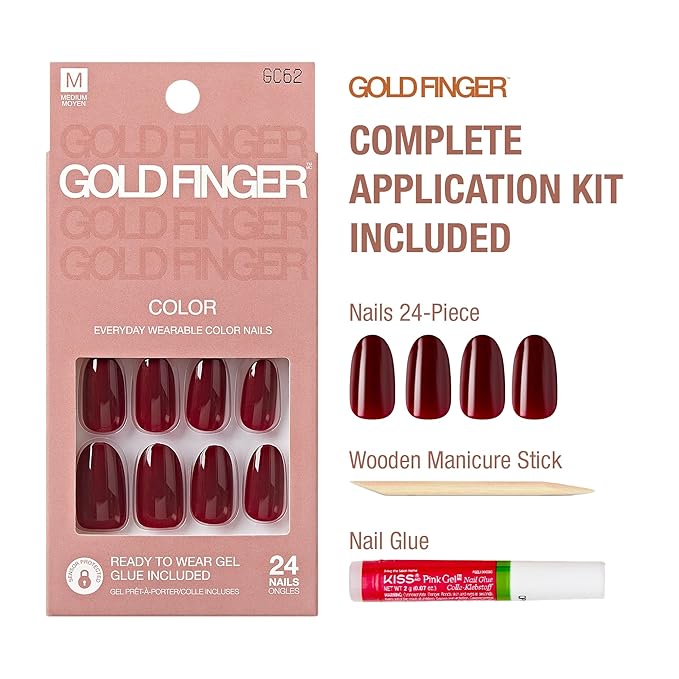 GoldFinger 24 Pcs Press On Nails, Medium Oval Fake Nails, Classic Red Gel Stick On Extensions, Reusable DIY Full Cover False Nail Kit with Glue, Manicure Stick & File, 7 Day Long Lasting Wear