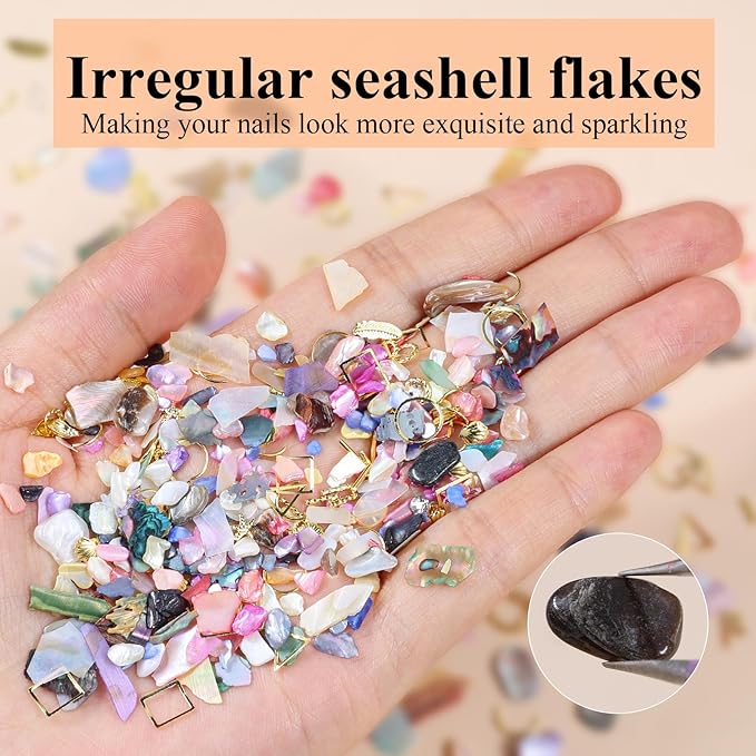 5 Boxes 3D Nail Art Crushed Sea Shell Irregular Iridescent Natural Abalone Seashell Slices Starfish Metal Sea Star Conch Moon Triangle Rivet Gems(sea Shell kit)