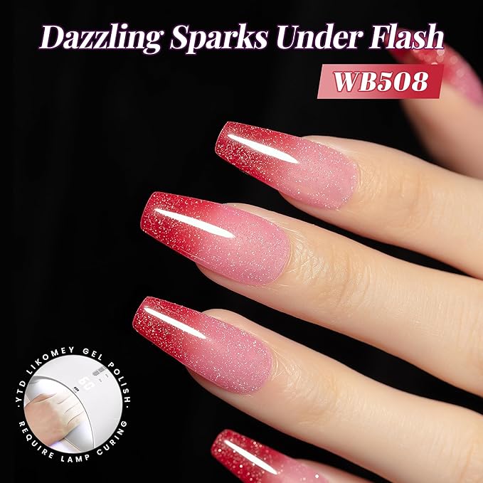 YTD Likomey Color Changing Gel Nail Polish,15ml Reflective Glitter Pink to Red Mood Temperature Change Colors Thermal Ombre Fall Winter Flash Sparkle UV Nail Varnish,HEMA Free TPO Free,WB508