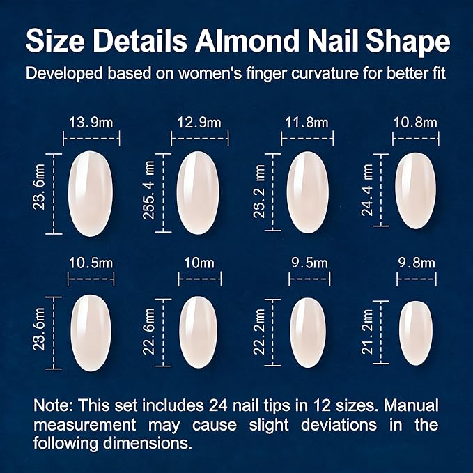 24pcs Long Almond Press On Nails,Translucent Nude Gradient Fake Nails with Jelly Glue,Reusable Stick On Nails for Women & Beauty lovers