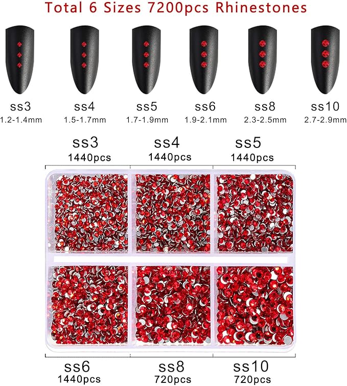 Beadsland 7200pcs Flatback Rhinestones, Red AB Rhinestone Nail Gems Round Crystal Rhinestones for Crafts,Mixed 6 Sizes with Wax Pencil Kit, SS3-SS10, Light Siam