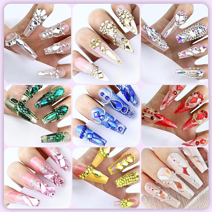Dowarm 3200PCS Nail Art Rhinestones, Light Pink Flatback Rhinestones for Nails, Crafts, 12 Styles 3D Glass Crystal Nail Gems