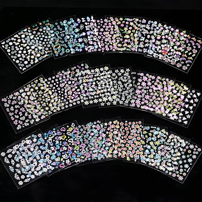 30 Sheets Flower Nail Art Stickers Decals Self-Adhesive Nail Decals Multicolor Floral Designs Nail Supplies Cute Heart Nail Decoration Spring Daisy Nails Accessories for Women