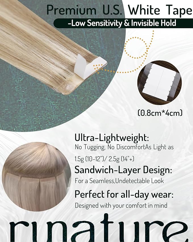 RUNATURE Tape in Hair Extensions Human Hair 20 Inch Straight Real Hair Tape in Extensions Long Remy Tape ins Human Hair Extensions Ash Brown with Platinum Blonde Glue in Hair Extension 50g 20pcs