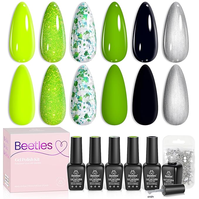 Beetles Neon Green Gel Nail Polish Set, 6 Color Glitter Silver Brat Tribe Gel Polish with Rhinestones for DIY Nail Art Festival Manicure Gift for Women