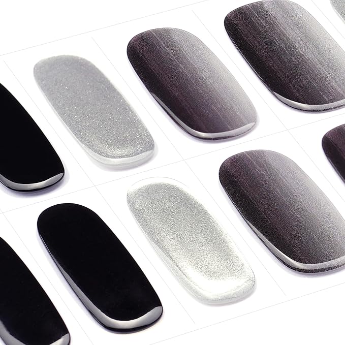 DANNI & TONI Semi Cured Gel Nail Strips Black Silver Ombre (Moon Veil) Mirror Gel Nail Wraps 28 Stickers