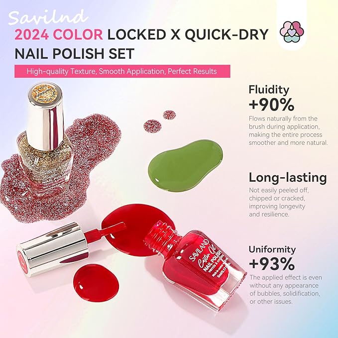 SAVILAND 36 Colors Nail Polish Set Quick Dry: Brown Black Glitter Locked X Tech Regular Nail Polish Kit Fingernail Polish with Top Base Polish Coat 39 Pcs Winter Gift for Christmas