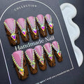 Diamond Press on Nails Handmade Long Coffin Fake Nails Fall False Nail Brown Leopard French tip Glue on Nail Rhinestone Stick on Nail Reusable Handmade Nails for Women Manicure Size M