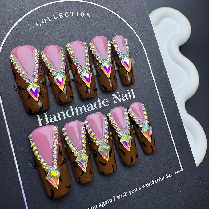 100% 5D Handmade Press on Nails Leopard Long Coffin Fake Nails Press ons Diamond False Nails Fall French tip Press on Nails Rhinestones Fake Nails for Women Girls Daily Wear DIY Manicure Size L