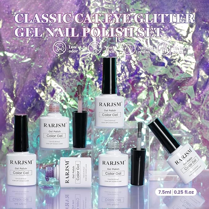 RARJSM Diamond Cat Eye Gel Nail Polish Set 6pcs Silver Pink Red Purple Blue Light Gold Glitter Sparkle Cateye Gelpolish with Magnet Stick Soak off Curing Requires Home Salon