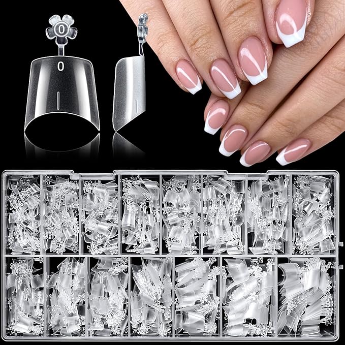 LoveOurHome 600pc French Coffin Nail Tips Clear Fake Nails Short Coffin Gel Nail Tips Half Cover Acrylic Nail Clear Short False Nail 15 Sizes Fingernail for Gel Nail Tip Extension Press Nails DIY