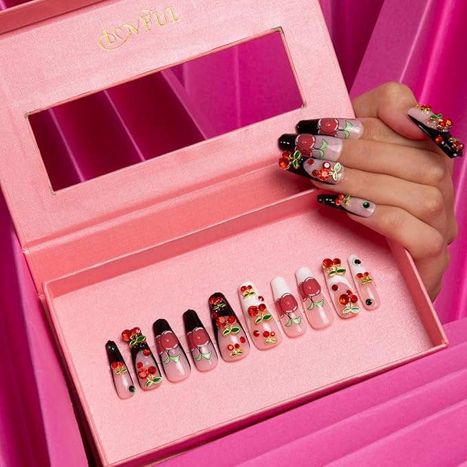 LOVFUL Press on Nails My Sweetie French Tip | Handmade with Full Covered Crystals | Reusable Full Cover Nails | Coffin Classic Regular 1.3 in | H162-L