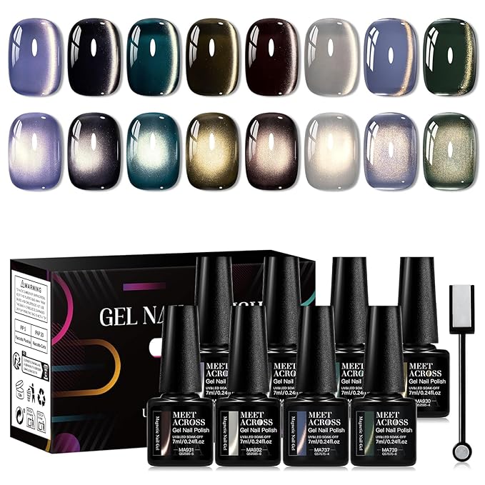 8 Color Magnetic Cat Eye Gel Polish Set - Holographic Magnetic Nail Polish with Magnetic, LED Lamp Compatible, Salon-Quality Long-Lasting Gel Polish Kit for Home, Multi-Color Shimmering Hues