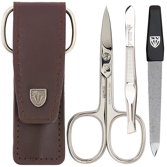 3 Swords Germany - brand quality 3 piece manicure pedicure grooming kit set for professional finger & toe nail care scissors file genuine leather case in gift box, Made in Solingen Germany (03744 )
