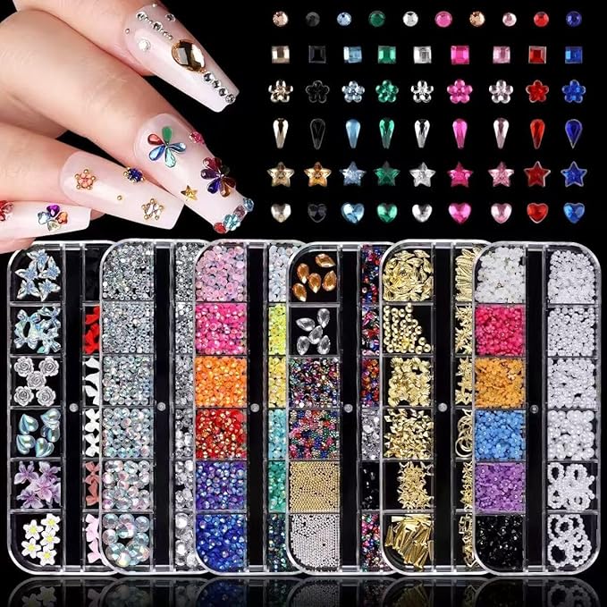 6 Box Nail Charms and Gems, Fruit Bow Hawaii Flowers Petals 3D Nail Art Charms and Flower Nail Art Stickers, Charms Y2K for Nails, Colorful Bubble Beads Nail Rhinestones