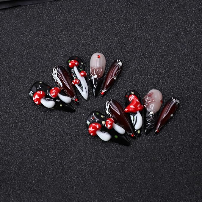 Thick Press on Nails Long Almond Handmade Nails Black Fake Nails with Glue,Cute 3D Mushroom and Flowers Art False Nails with Design Extra Long Halloween Nails Nature Stick on Nail for Wome (Size S)