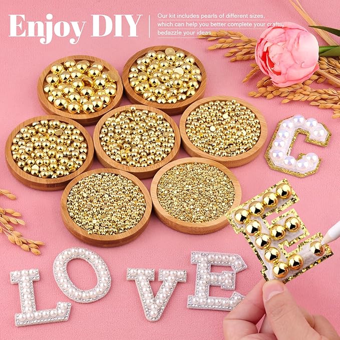 11000Pcs Flatback Pearls for Crafting (Gold), Assorted Size 2/3/4/5/6/8/10mm Non Hotfix Half Pearl, Bedazzling Bead for DIY Crafts Clothing Tumblers Mugs Shoes Fabric Embellishment Nail Art Makeup