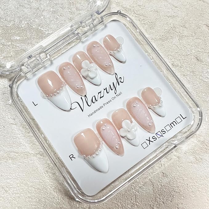 Handmade Press On Nails – Short Almond False Nails for Women, Reusable Acrylic White French Tip with Pearl & 3D Flowers Design – Salon Quality Fake Nails (10PCS)
