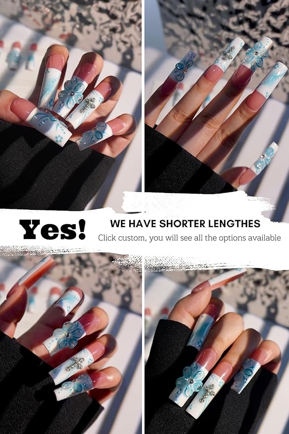 HAND-PAINTED White Press Ons Neon Small Press on Nails Long French Press on Nails Coffin Medium Short Nail art Fake Nail Art Kit with 7g Glue on Nails Handmade Almond Square Nails (TJ-8, X-Small)