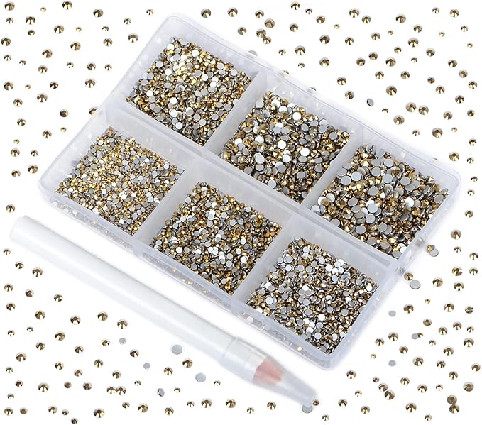 Bymitel 7200 Pieces 6 Mixed Sizes Glue Fix on Glass Rhinestones Round Crystal Gems Flatback for DIY Jewelry Making with one Picking Pen (6-Sizes 7200PCS, Aurum)