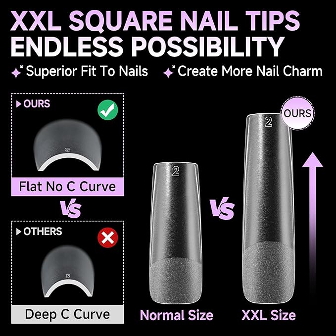 UNA GELLA XXL Long Square Nail Tips No Need File 216pcs Extra Long Straight Square Gel Nail Tips No C Curve Full Cover Press On Nails Clear Gel Extensions 12 Sizes