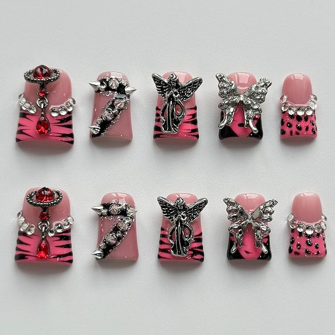 Luxury Press on Nails Short Duck Handmade 3D Unique Reusable ABS Material Fake Nails Pink French Tip False Nails with Designs Butterfly Rhinestones Rivet Glossy Glue on Nail Thick Acrylic Nail(S)